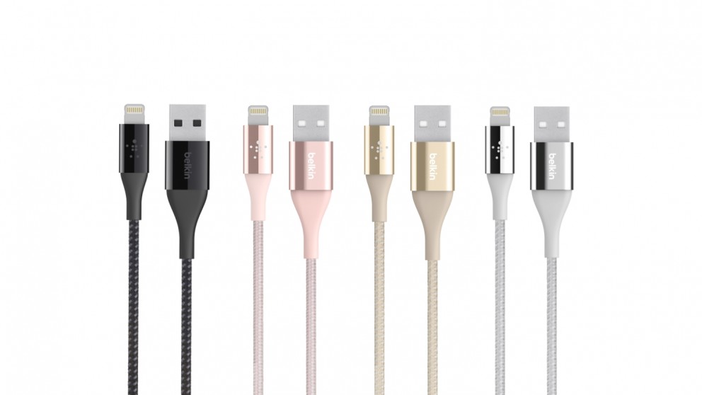 belkin charging cables in different colors black pink gold white