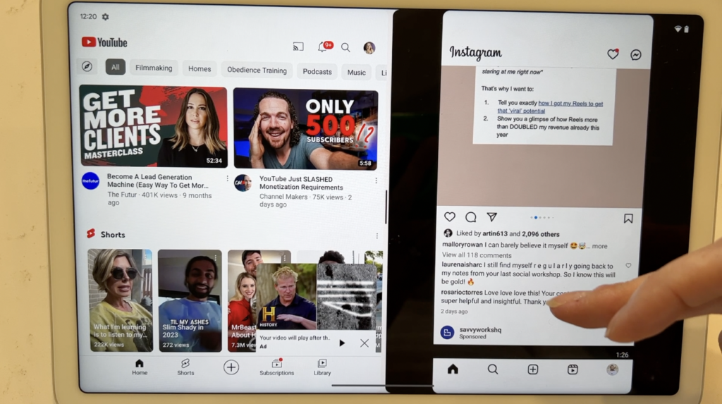 Two screens simultaneously on the Google pixel tablet; one showing YouTube on the left, and the other featuring Instagram on the right