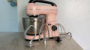 The Hamilton Beach mixer with all attachments sitting on the kitchen counter.