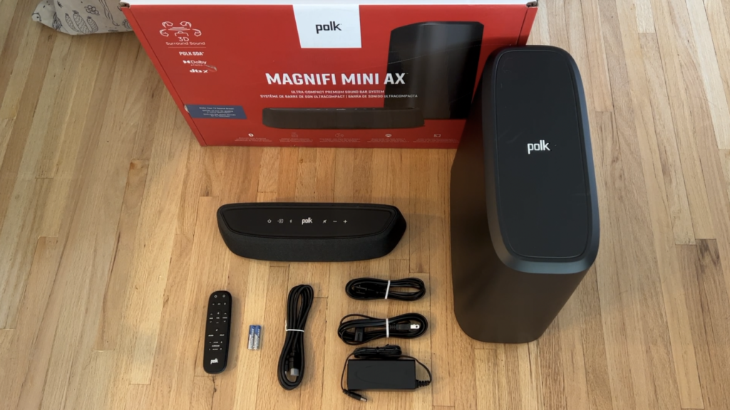 Polk Magnifi sound bar with components and box